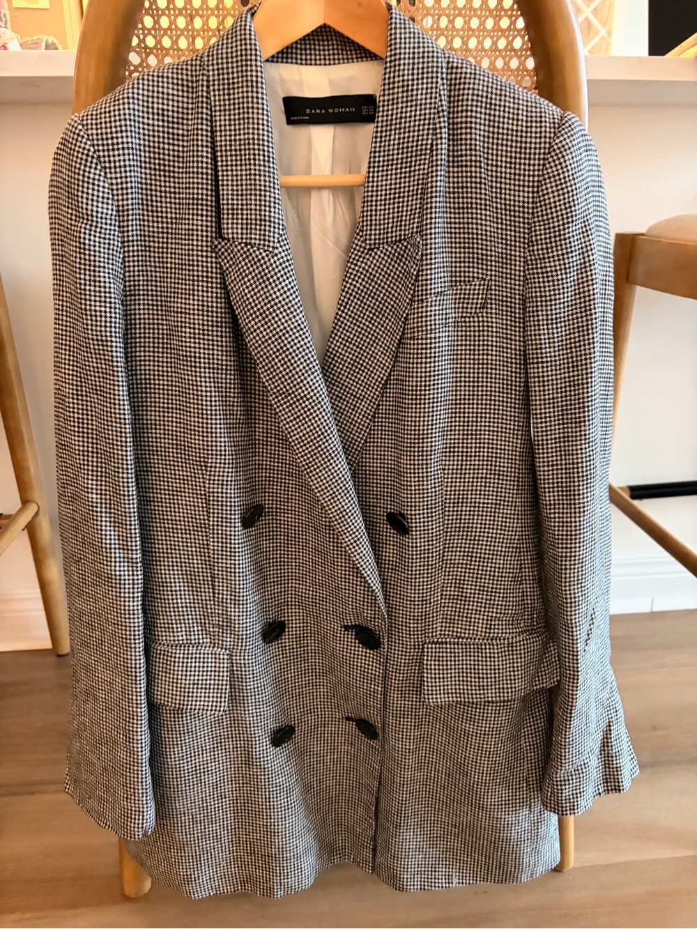 Zara Black & White Houndstooth Double-Breasted Blazer XS